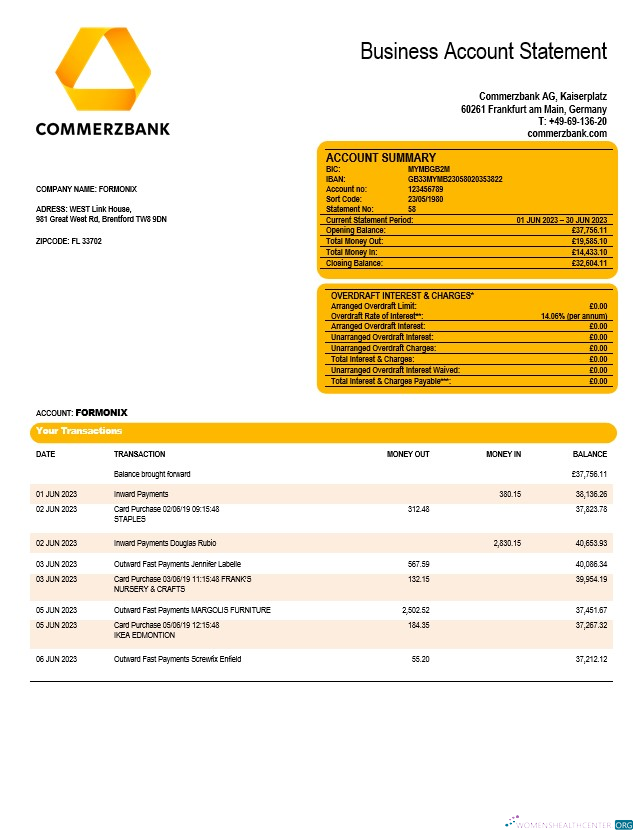 Download Commerzbank company checking account statement Word and PDF template Photoshop template